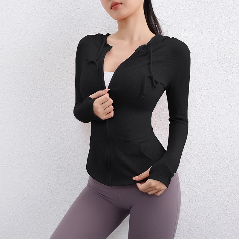 Women's Sexy Yoga Zipper Hooded Top Slim Fit And Slimming Sports Casual Jacket Fitness Running Thumb Hole Long Sleeve