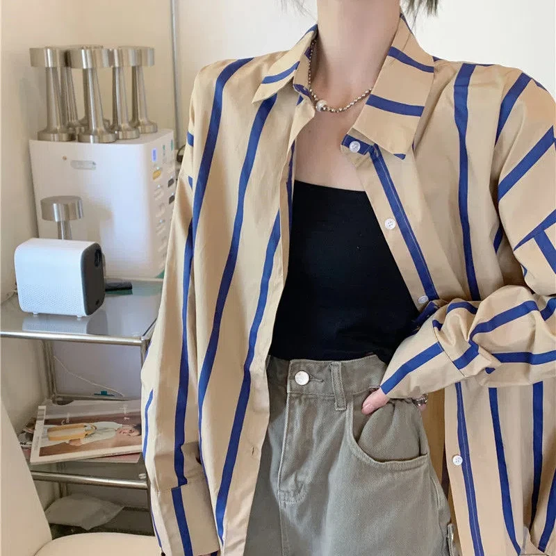 Korean New Spring and Autumn Women\'s 2024 New Patchwork Polo Collar Button Striped Fashion Loose Casual Long Sleeved Shirts