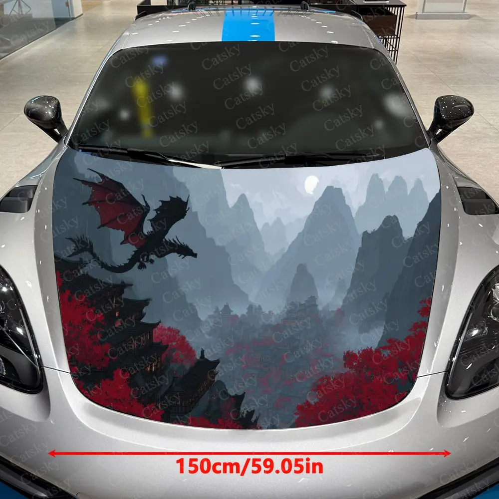 Red Maple Dragon Ancient Village Car Vinyl Wrap, PVC Waterproof Car Hood Sticker, Self-Adhesive Scratch-Resistant Stickers