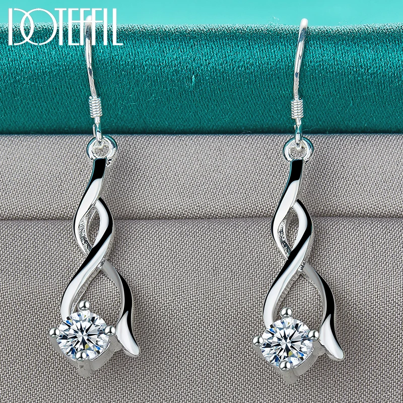 DOTEFFIL 925 Sterling Silver AAA Zircon Geometry Drop Earring For Woman Lady Wedding Engagement Party Fashion Jewelry