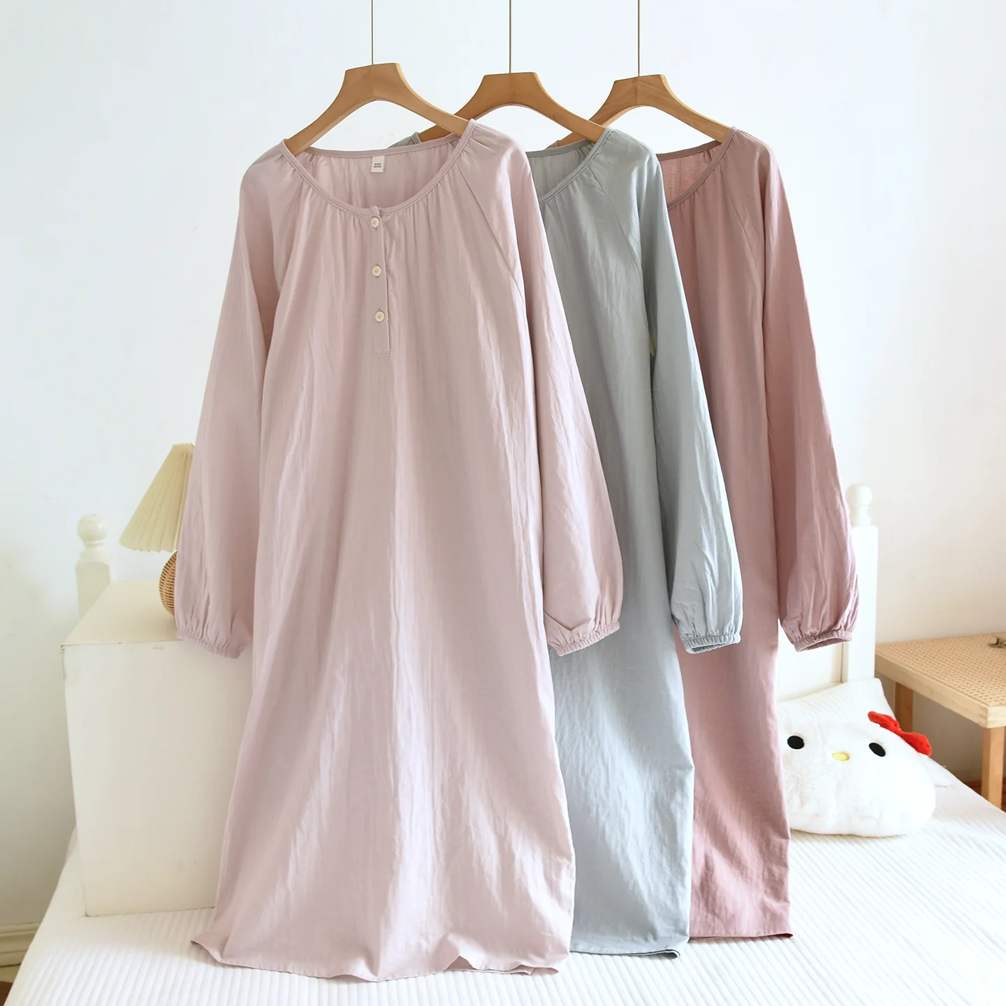

Summer Women's Long sleeved Sleeping Skirt Cotton Gauze Skirt Thin Cute Girl Dress Home Clothes