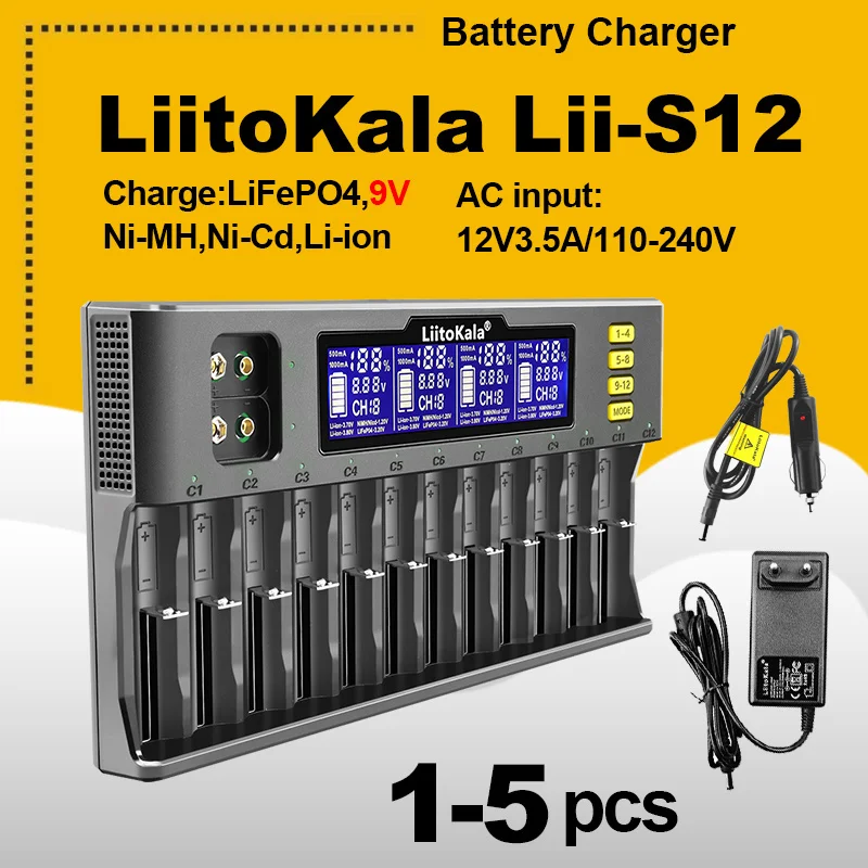 1-5PCS LiitoKala Lii-S12  12-Slot 18650 Battery charger For 20700 26650 21700 14500 10440 16340 1.2V 3.7V battery