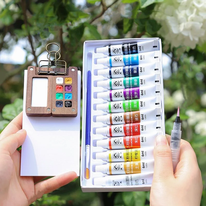 Portable Travel 12 Colors Watercolor Paint Pigment Set Wooden 8 Grid Oil Paints Palette Tray Box Mini Black Walnut Paint Box