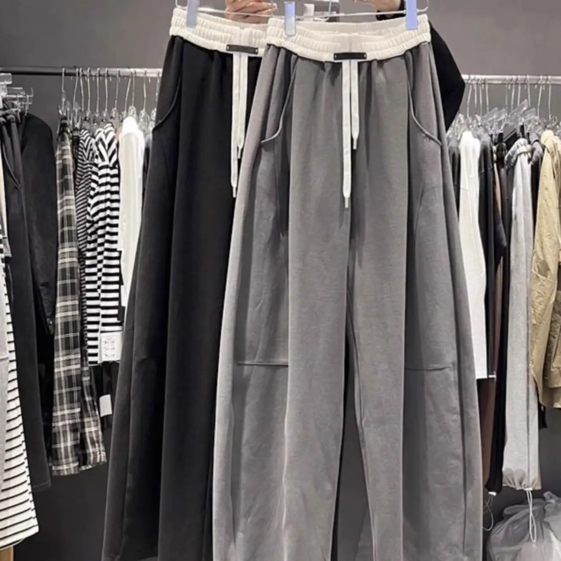 

plus Size 300 Pounds Fat MM Autumn Splicing Color Block Drawstring Floor-Length Pants Draping Loose Casual Wide Leg Long Trou...