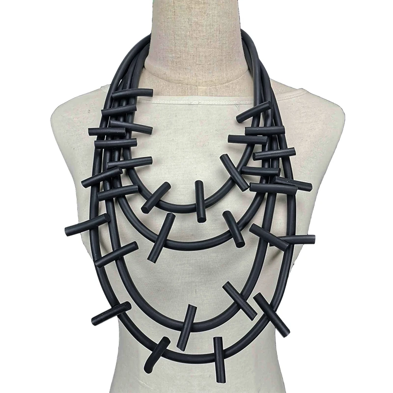 New Punk Neo-gothic Heavy Industry Multi-layer Geometric Design Black Rubber Chain Retro Ethnic Style Women Jewelry Necklace