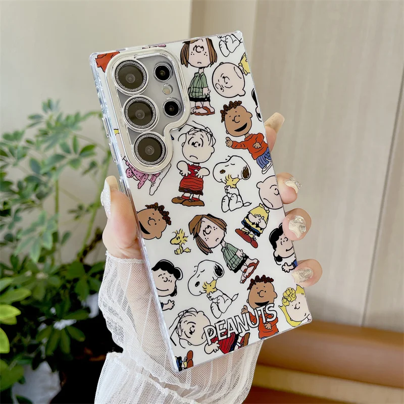 

Luxury Cute Snoopy Charlie Brown cartoon Phone Case For Samsung S23 S24 S25 Ultra Plus Snoopy Bling Glitte Lens film protect﻿