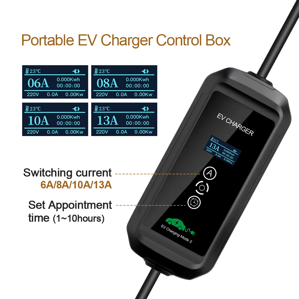 ERDAN 13A 2.9KW UK Plug EV Charger Cable Type 2 EVSE Electric Vehicle Car Current adjustable Type1 SAE J1772 EVSE Charging Cable