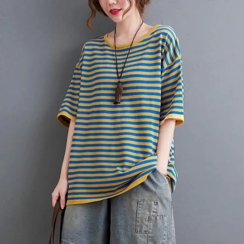 Summer Trend Thin Oversized T Shirt  Style  Top Cotton Stripe T-shirts Women Casual Loose Short Sleeve Slim Tops