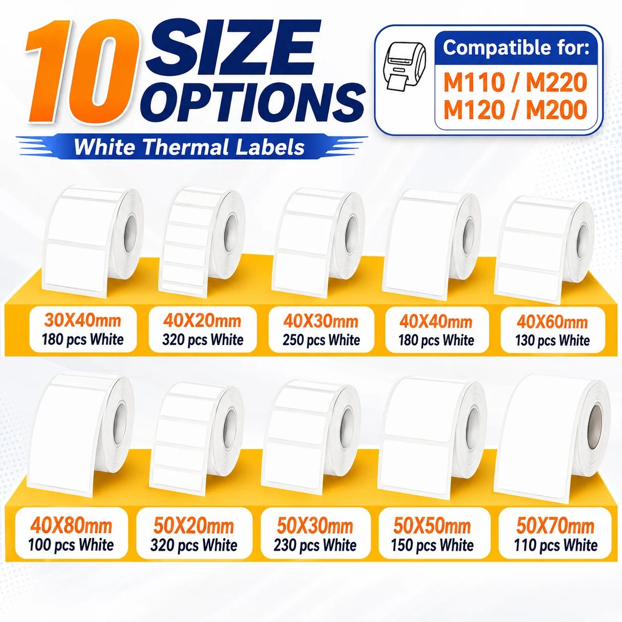 Universal White Thermal Label Stickers, Multiple Sizes Available, Perfectly Compatible for M110, M200, M120, M220, EP210