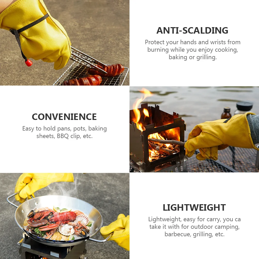

Anti Scald Gloves Heat Resistant Cowhide BBQ Mitts for Camping Grilling Oven Fireplace Stove Gardening Lightweight Portable