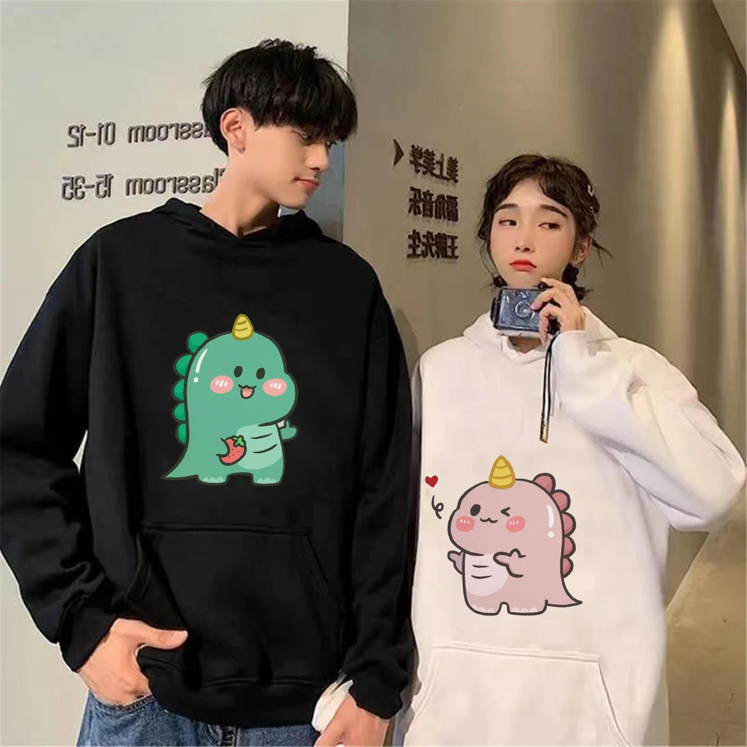 

Couple Dinosaur Hoodies Autumn Fashion Sportswear Women Punk Korean Cartoon Tops Vintage Streetwear Pullover Kawaii Hoodie Girl