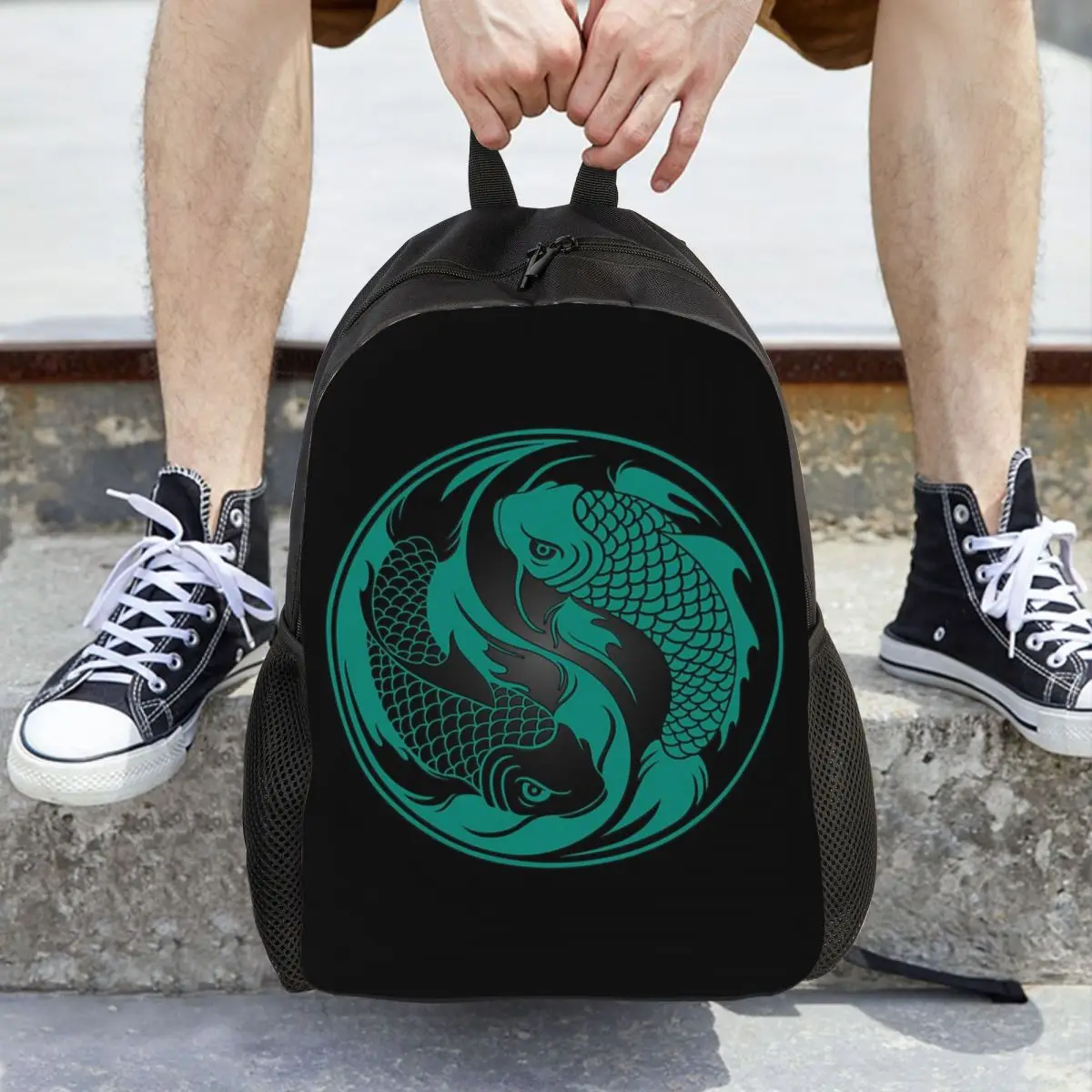 

Бирюзово-синий и черный рюкзак Yin Yang Koi Fish, рюкзак большой вместимости для мальчиков и девочек, школьная сумка, сумки на плечо для мужчин и женщин