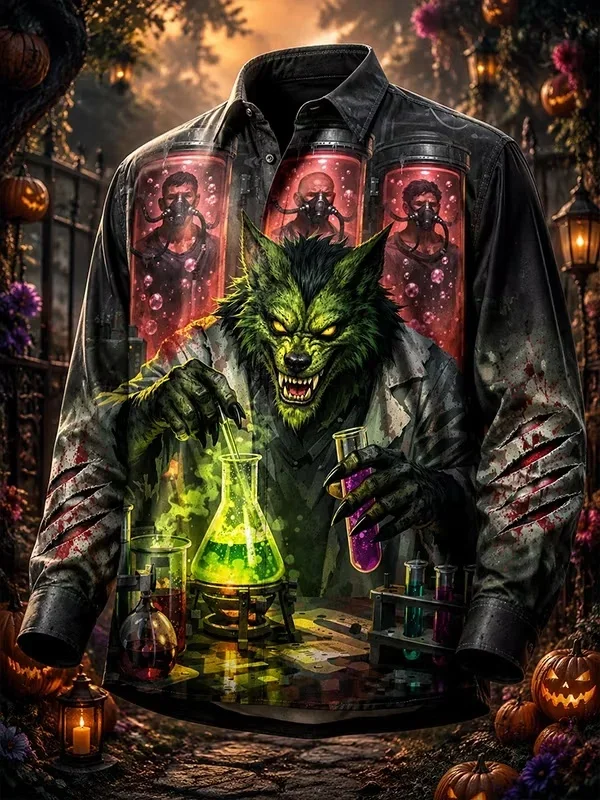 Halloween Werewolf Mad Scientist Graphic Print Mens Long Sleeve Lapel Shirt Spooky Horror Party Tops