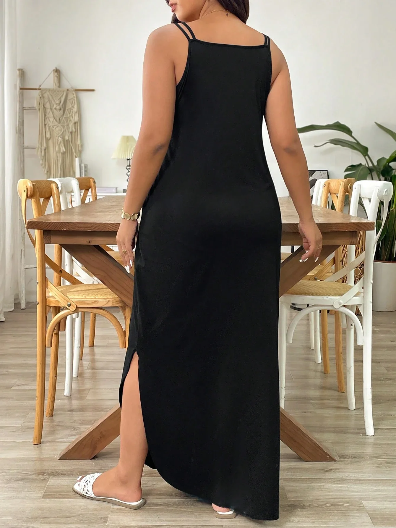 

Black V-Neck Sleeveless Loose Maxi Dress With Side Slit For Women