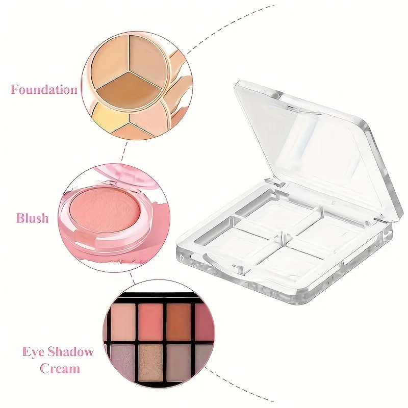 لوحة مكياج شفافة مكونة من 4 أقسام - منظم سفر قابل لإعادة الملء لظلال العيون وأحمر الخدود وحقيبة مستحضرات التجميل المحمولة ذات الإغلاق المفاجئ