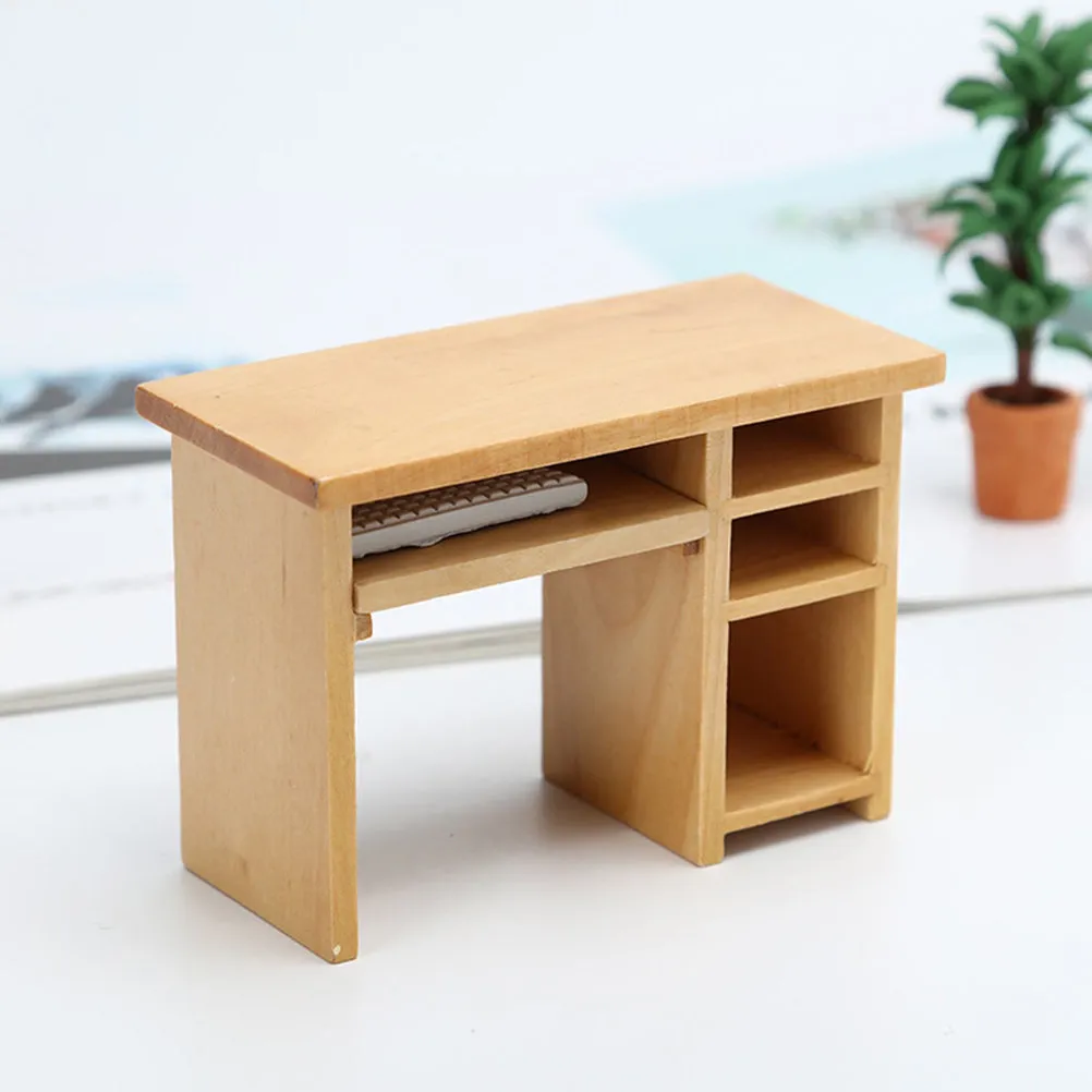 

2Sets Miniature Computer Desk Wooden Dollhouse Furniture Natural Color 1:12 Scale Mini House Accessories Decorative Home Decor