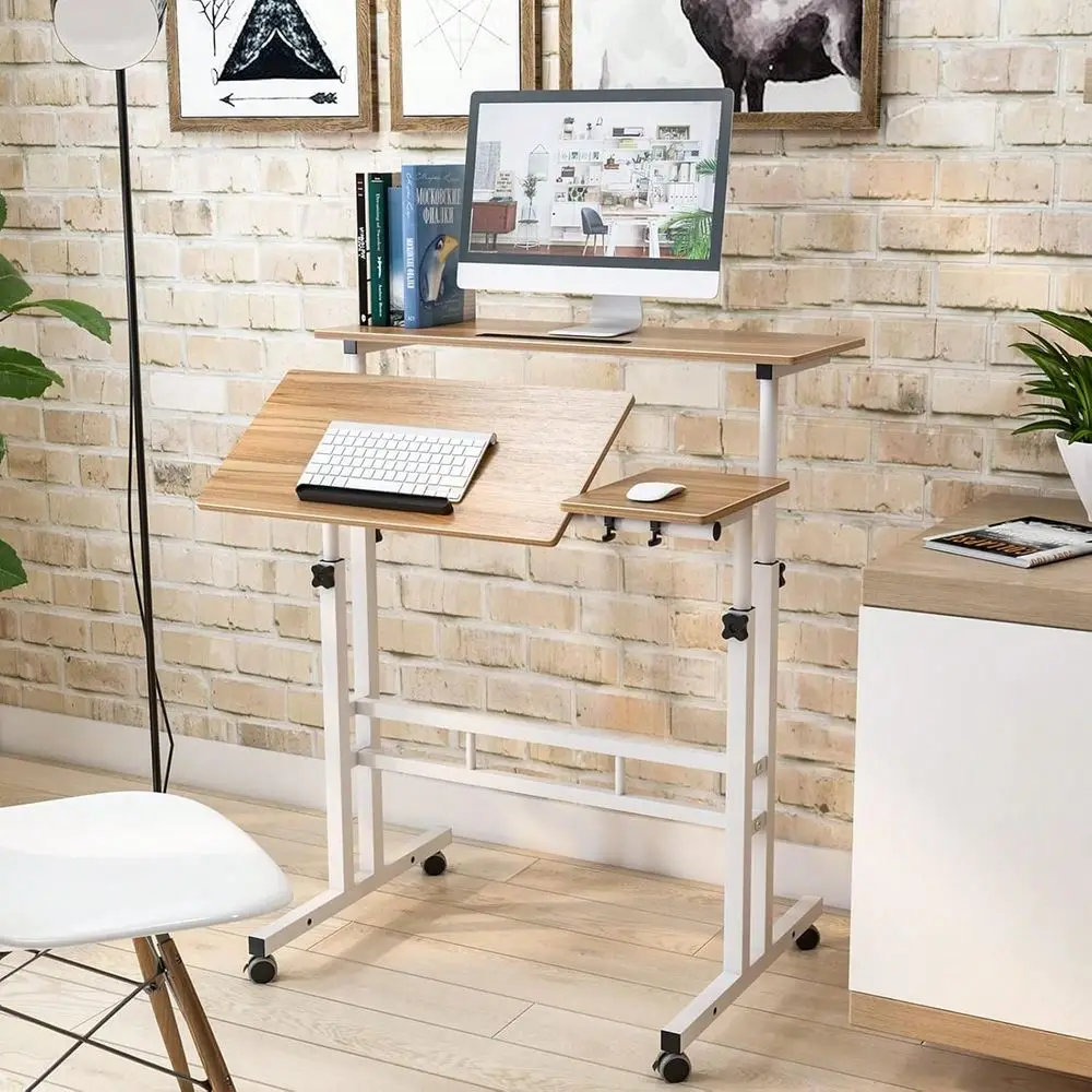 

Liftable Computer Desk, Wooden Desk With Rolling Wheels Mobile, Free Height Adjustment, Oak
