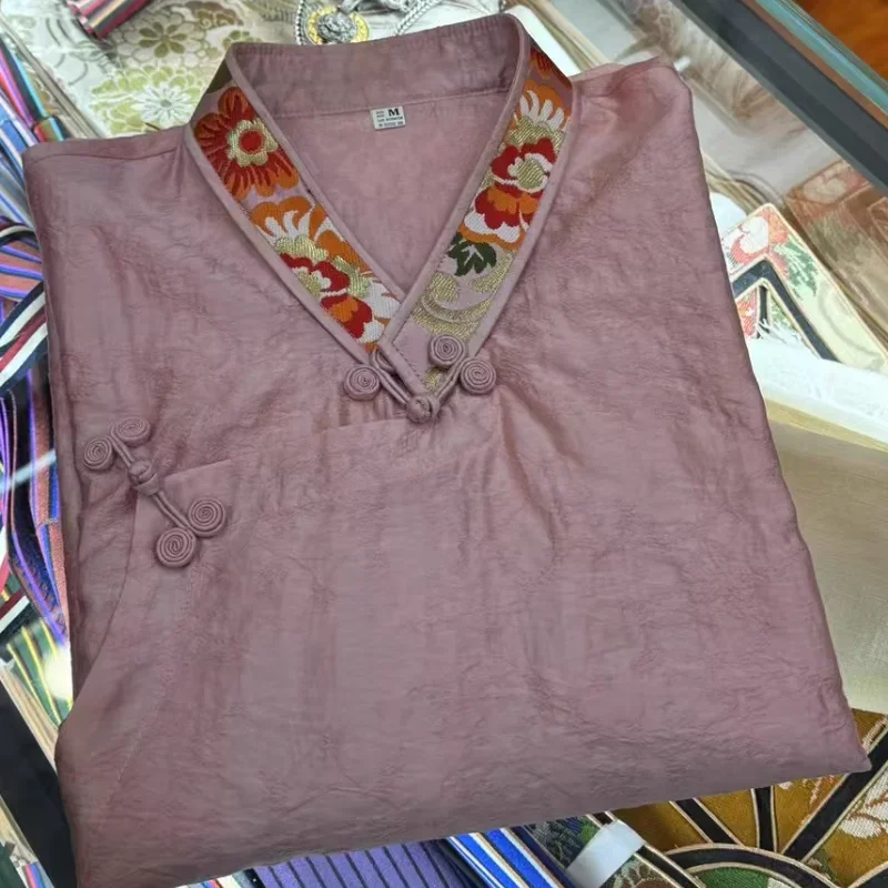 Chińska koszula tybetańska Xizang z dekoltem w kształcie litery V, damska bawełna Retro Tiansi