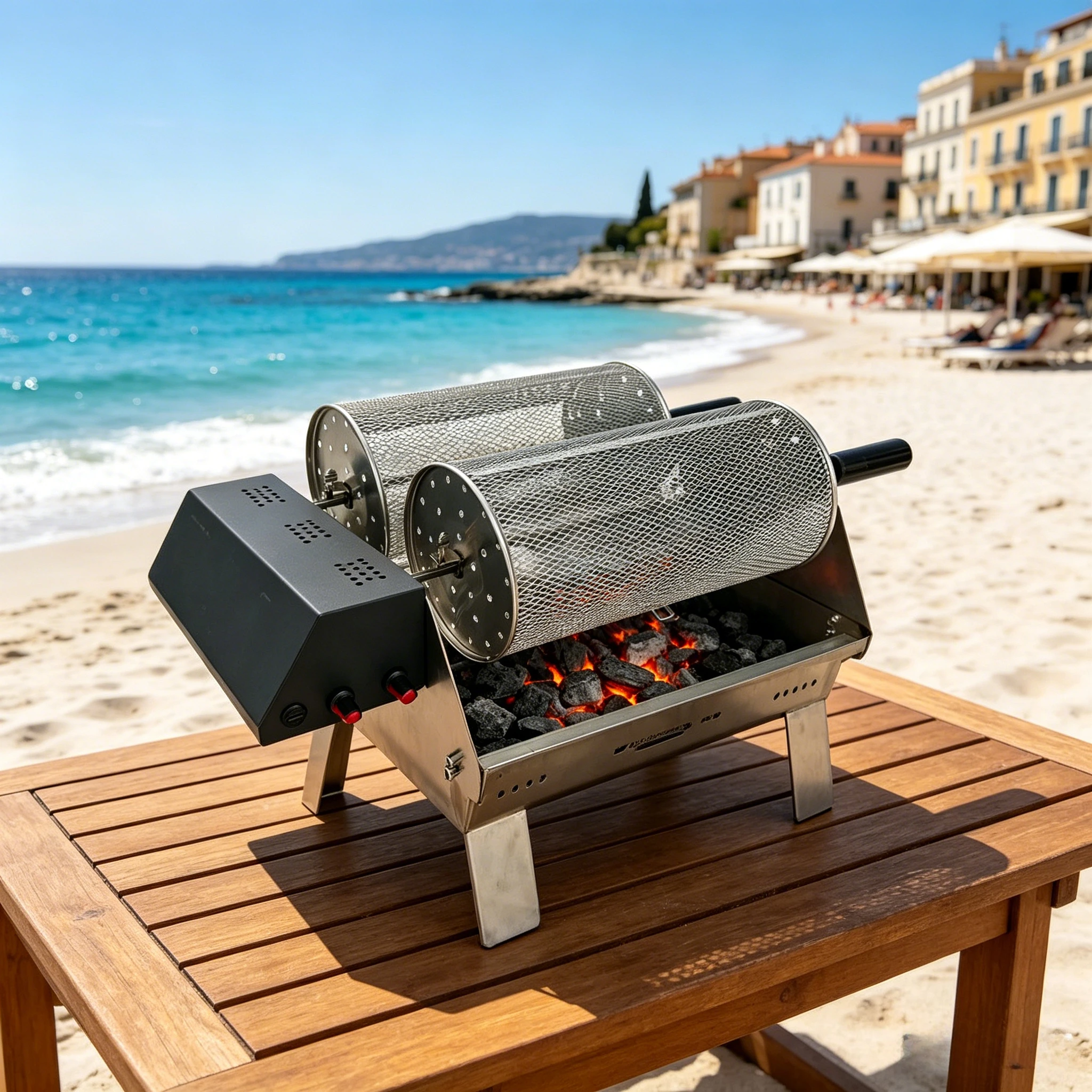 Factory-Supplied Double-Row Electric Rotating Charcoal Grill, 304 Rack & High-Temp Tray for Beach Cookouts