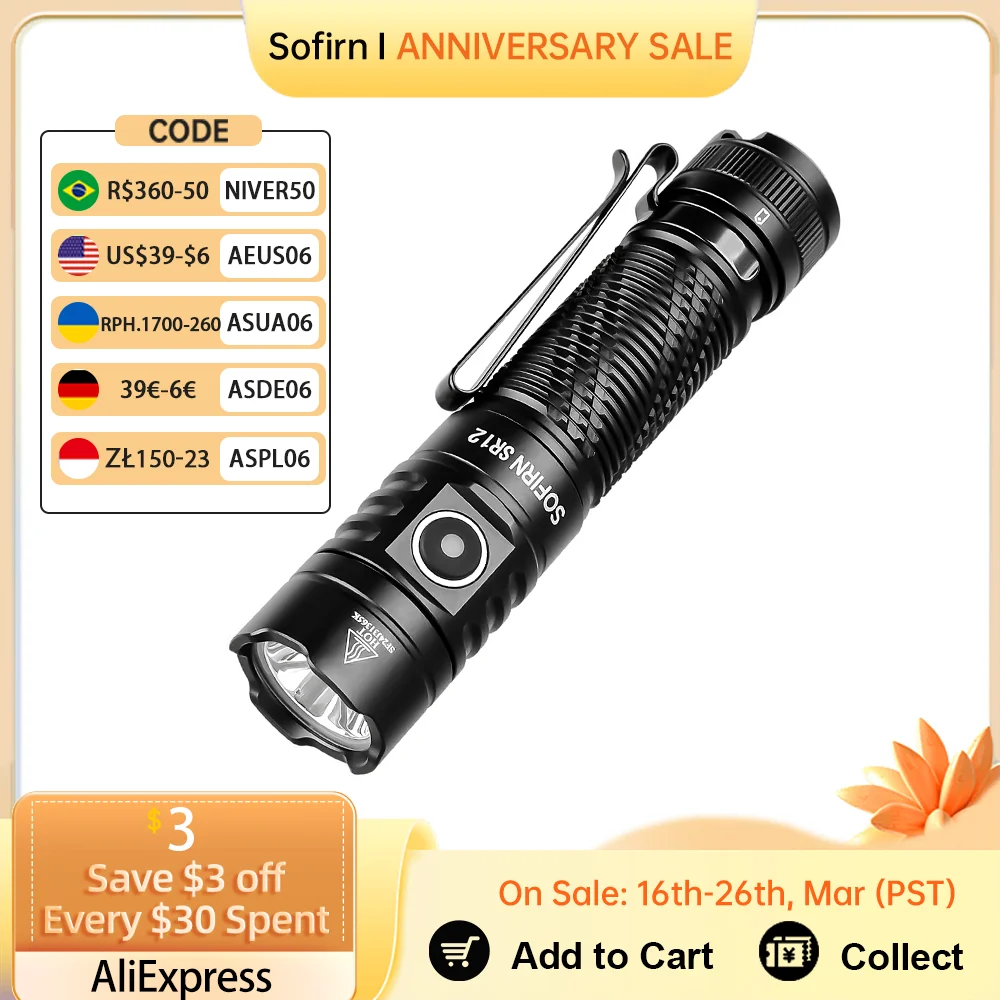 Sofirn SR12 EDC Flashlight 1450LM Powerful Light SFT25R LED 18650 USB C Rechargeable Torch IP68 Waterproof