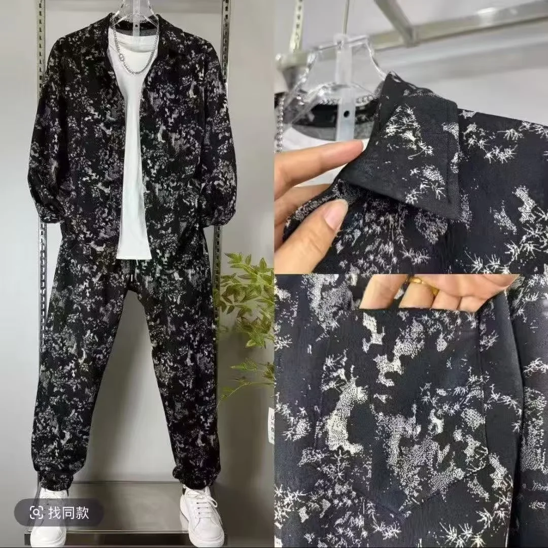 

2026 Spring Summer New Lightweight Men's Casual Set Fashion Texture Street Style Long Sleeve Shirt Pants 2 Piece Outfit