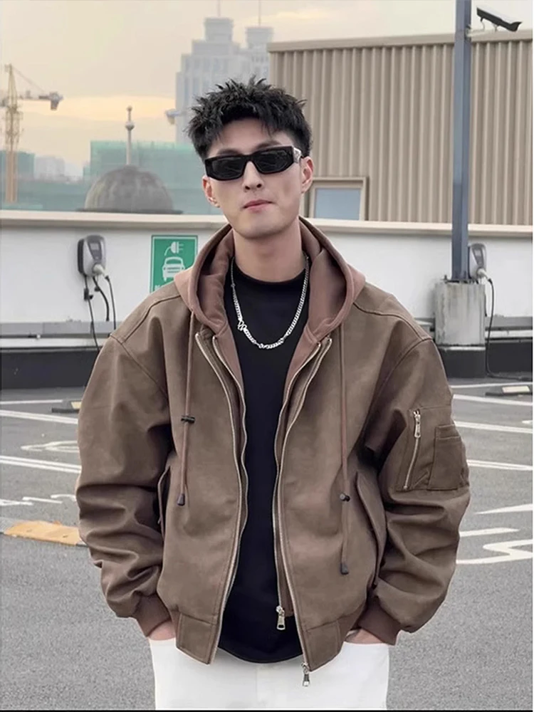 

Bomber Pilot Sle Jaet Men's Spring Autumn ort Zipper Hooded Fake Two-Piece Baseball Coat Casual Trendy Youth Outerwear