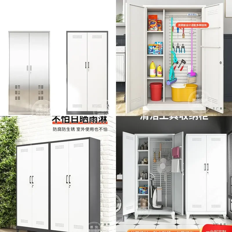 Steel Utility Cabinet with Holes for Mop Storage Balcony Outdoor Locker Sanitary Cleaning Tool Organizer Household