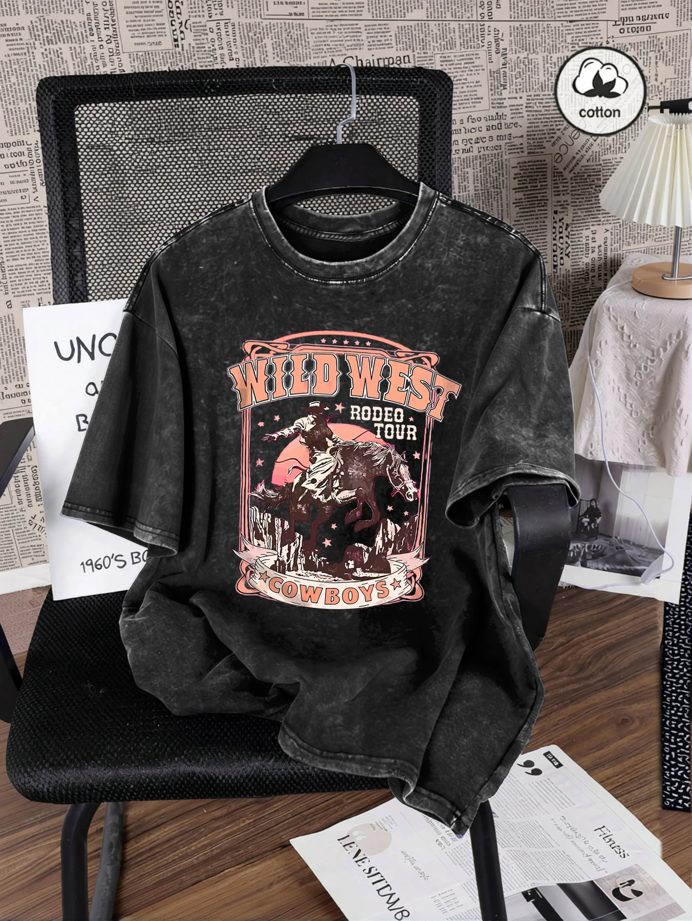 Wild West Cowboys Print Snow Wash Women Tee Shirts Hip Hop Summer T Shirt Casual Washed Clothes Cotton Oversized Short Sleeve