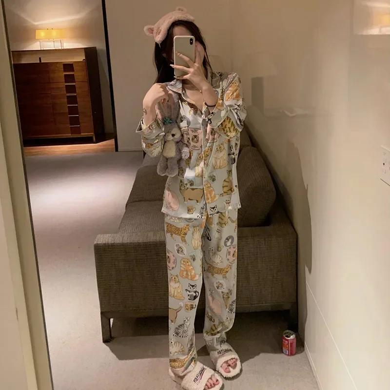 Pijamas para mulheres cetim seda pjs verão primavera pijamas lapela manga comprida shorts kawaii gato e cães impresso pijamas femininos