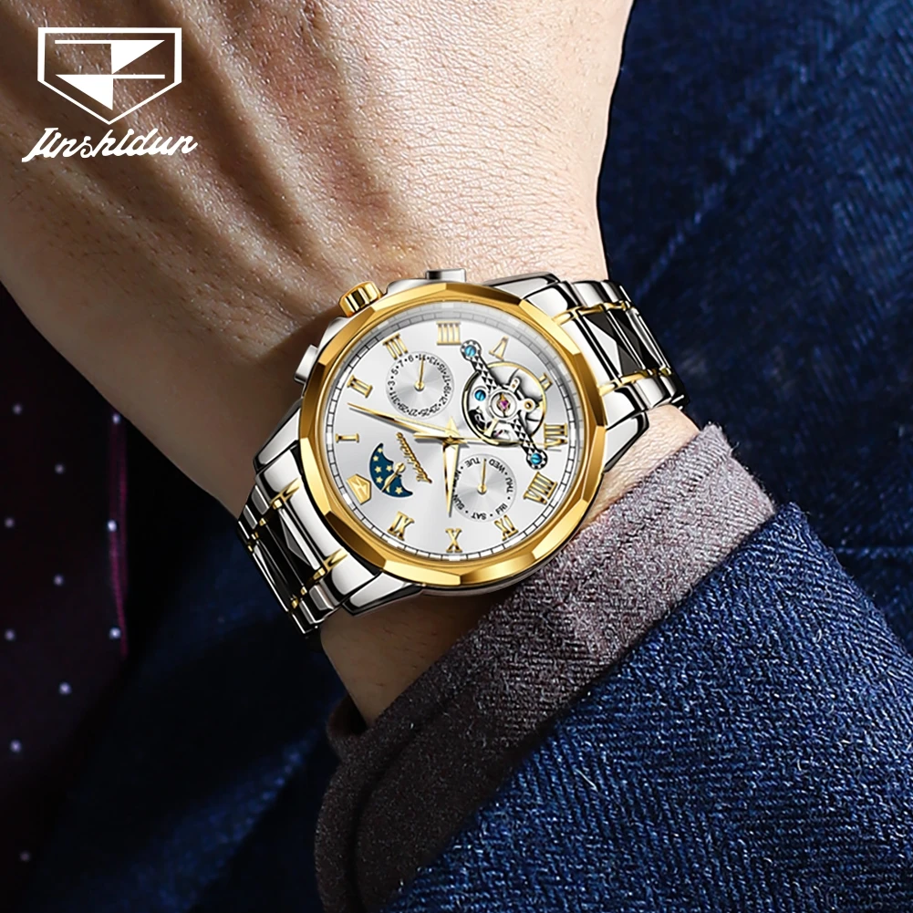 JSDUN-Reloj de pulsera de acero de tungsteno para hombre, cronógrafo multifuncional de lujo, resistente al agua hasta 50ATM, fase lunar, 8937
