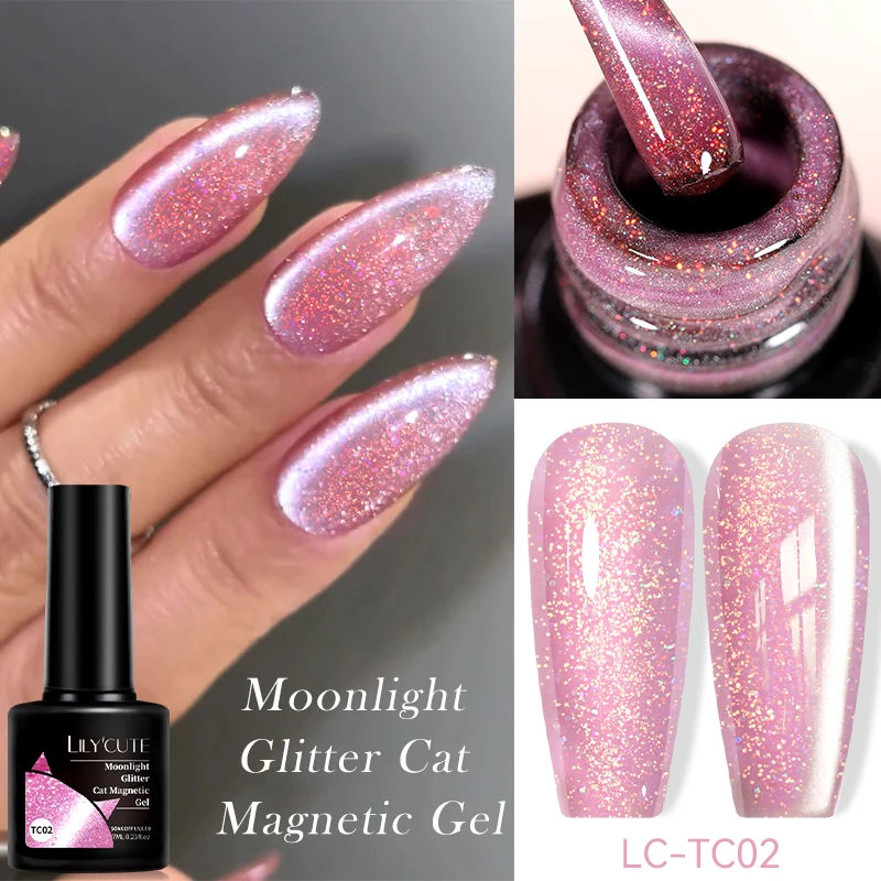 LILYCUTE 7ML Moonlight Glitter Cat Magnetic Gel Nail Polish Purple Gold Foils Effect Sparking Long Lasting Manicure Nail Art Gel