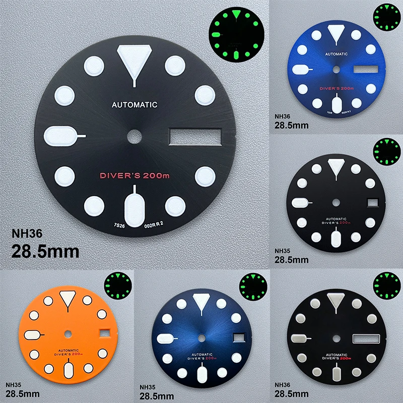 

28.5mm S Logo SKX007 Dial Fit NH36/4R36 Movement Green Luminous Matte/Sunray Dial Watch Modification Accessories