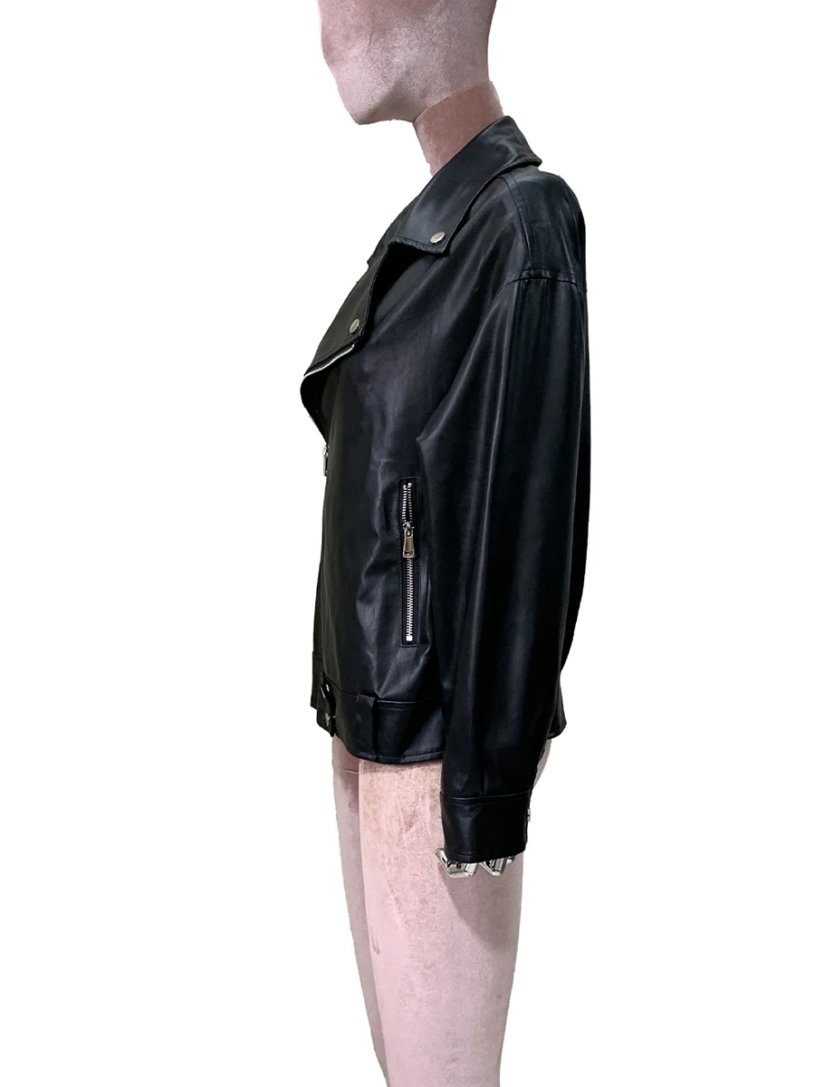 Primavera otoño corto negro suave ligero Pu cuero motocicleta chaqueta mujeres cremallera manga larga elegante ropa Casual suelta 2025