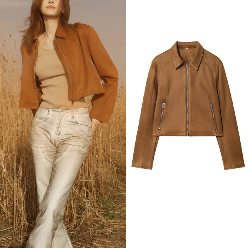 

Осень 202, женская повседневная куртка с лацканами и длинными рукавами на молнии, укороченная куртка, подходит для осенних путешествий, женская куртка Trafizaran