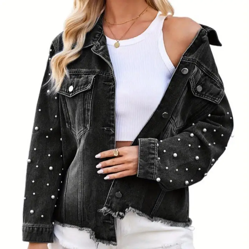 

Retro Blue Pearl Denim Jaet Women's ort Sve Collar Special Wide Fit Autumn Spring Faion Youthful Sle