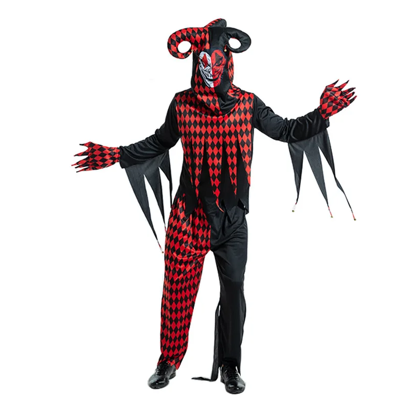 Black and Red Plaid Man Halloween Circus Scary Clown Costumes Droll Joker Cosplay Carnival Purim Nightclub Role Play Party Dress