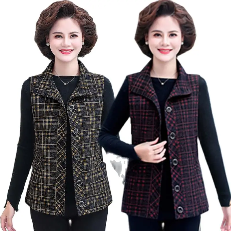 

Middle-Aged Elderly Women's Vest 2022 NEW Spring Autumn Sleeveless Coat Single-Breasted Plaid Casual Jacket Mother Clothes 5XL