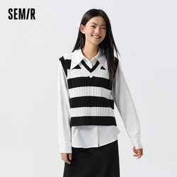 Semir Sweater Women V-Neck Winter Temperament Loose Two-Piece Fashion Striped Short Vest Plain Color Pointed Collar Shirt