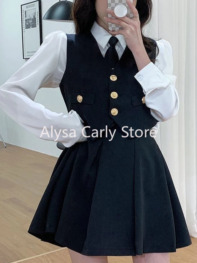 Japanese Sweet Uniform Three Piece Set Women Vintage Vest + Mini Pleated Skirt Set Female Autumn Casual Cute Party Skirt Sets