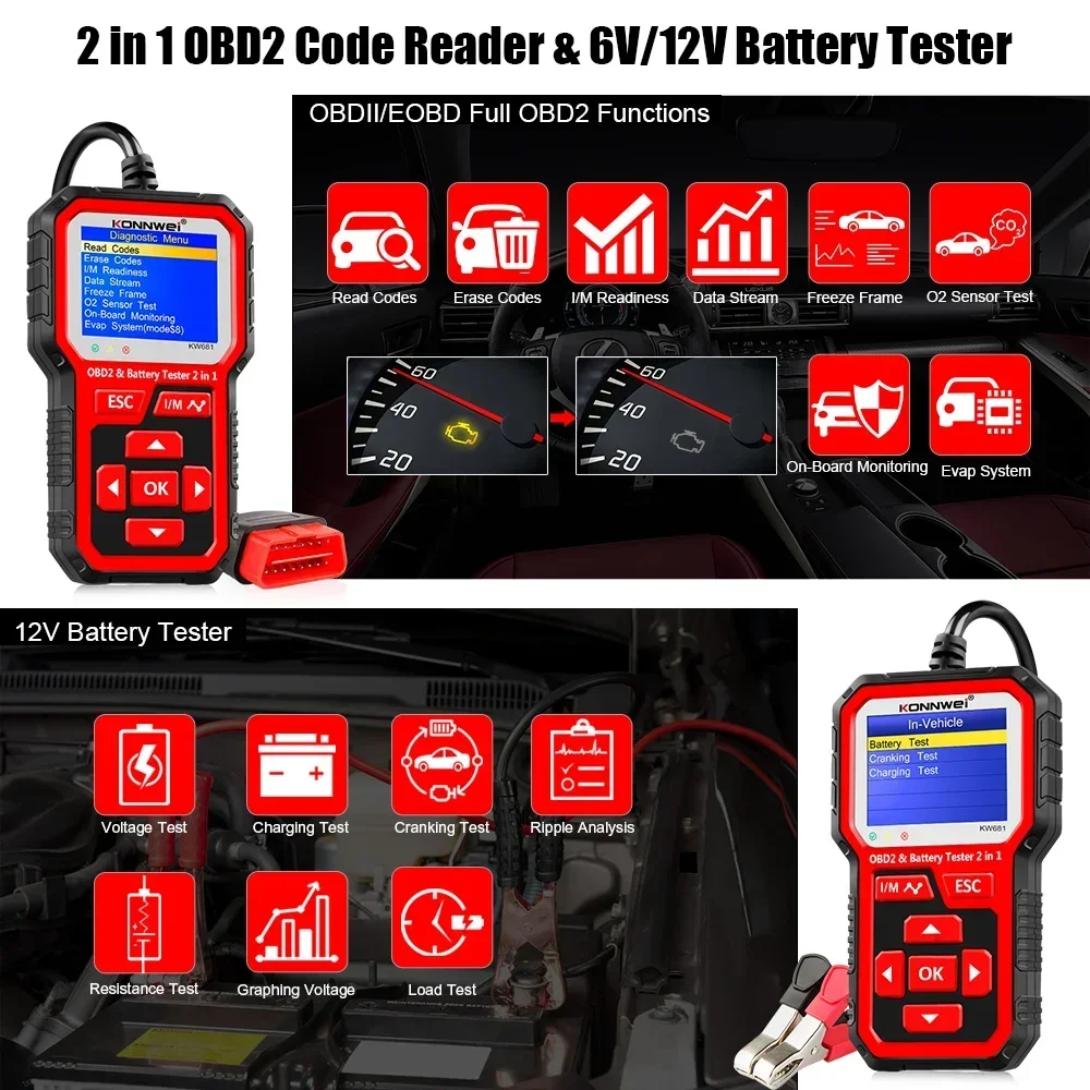 KONNWEI KW681 Automotive Battery Tester OBD2 Scanner For Car Motorcycle 6v/12v Car Battery Analyzer Car Diagnostics Maintain Too