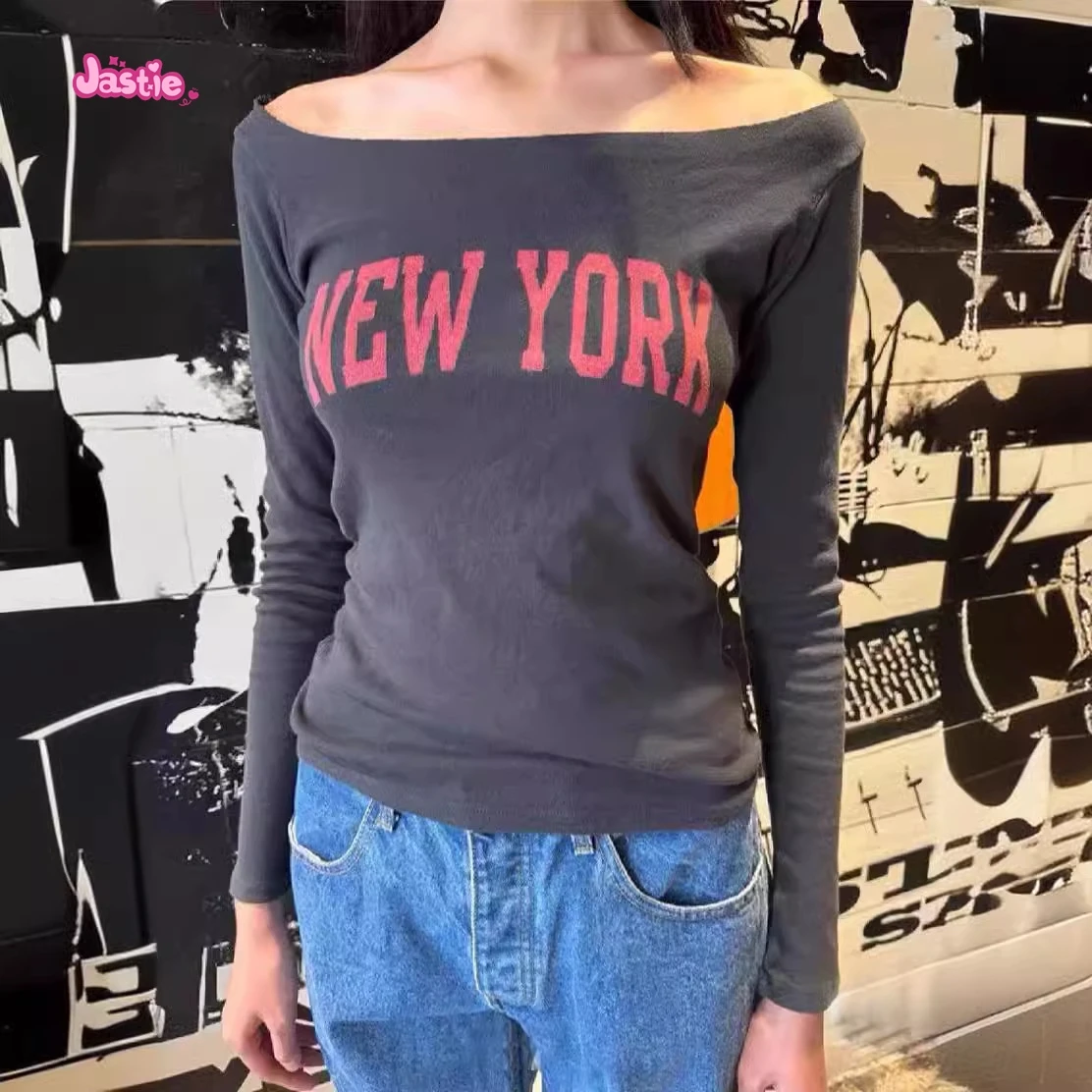2025 New Fashion Slash Neck Tops Women Y2K Harajuku Slim Long Sleeve T-shirts Cotton Black Versatile Casual Rolled Edge Tees