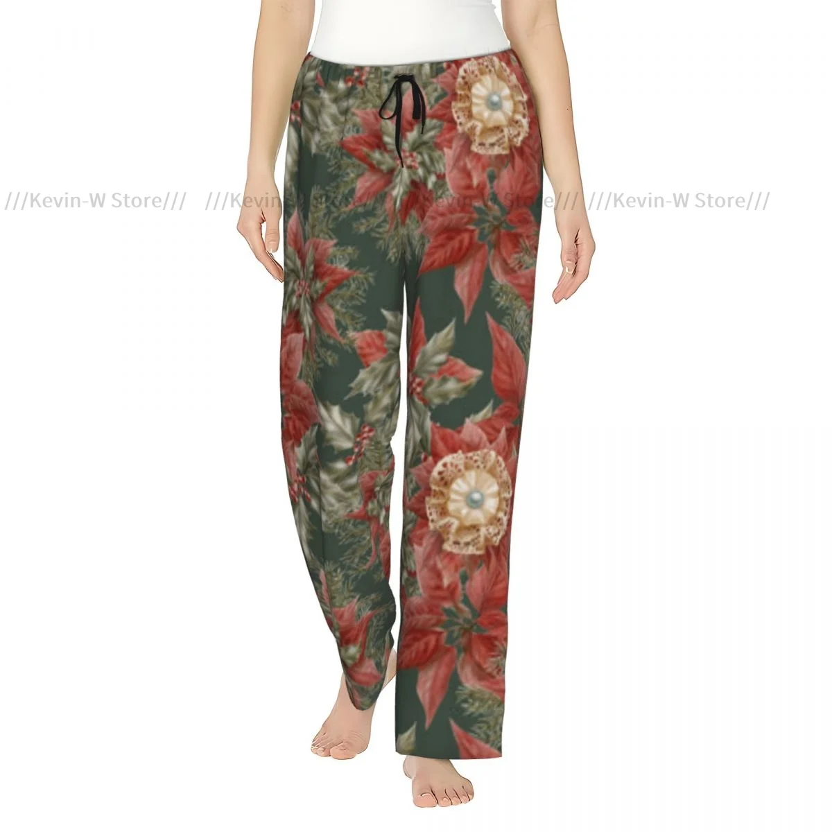 

Women Flannel Pajama Bottoms Soft Fleece Vintage Poinsettia Spruce Branches With Holly And Berries Sleep Pants Drawstring Waist