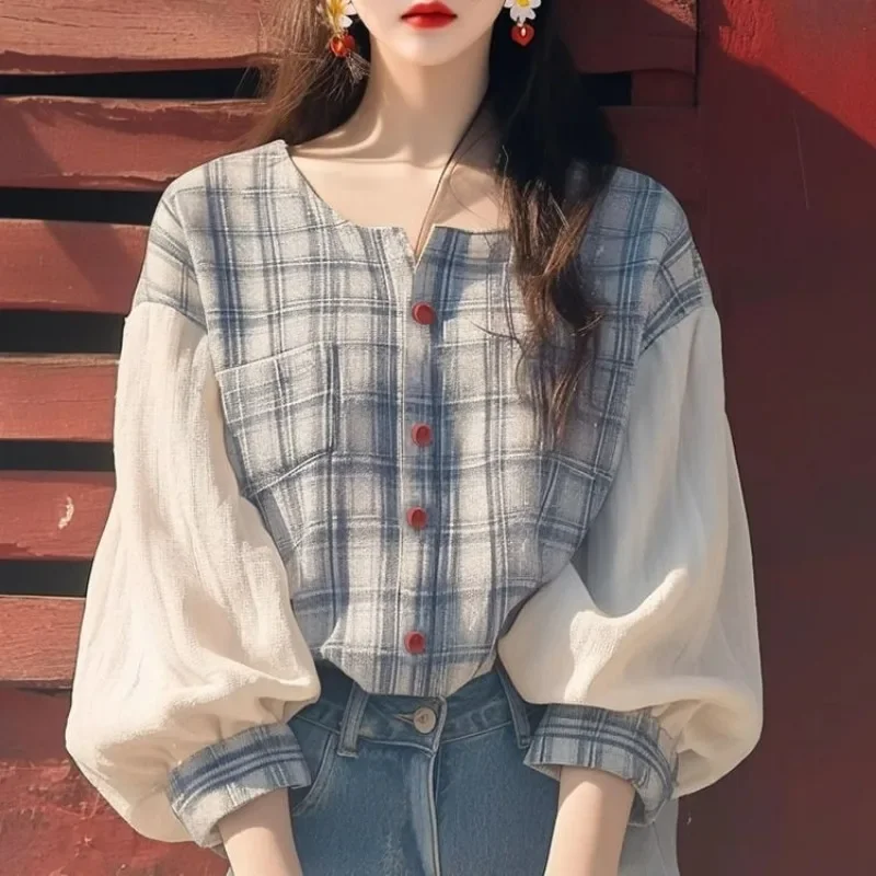 

Vintage Patchwork Women's Blouses Spring/summer New Plaid Korean Shirts Loose Long Sleeves Top O-neck Fashion Clothing Sales