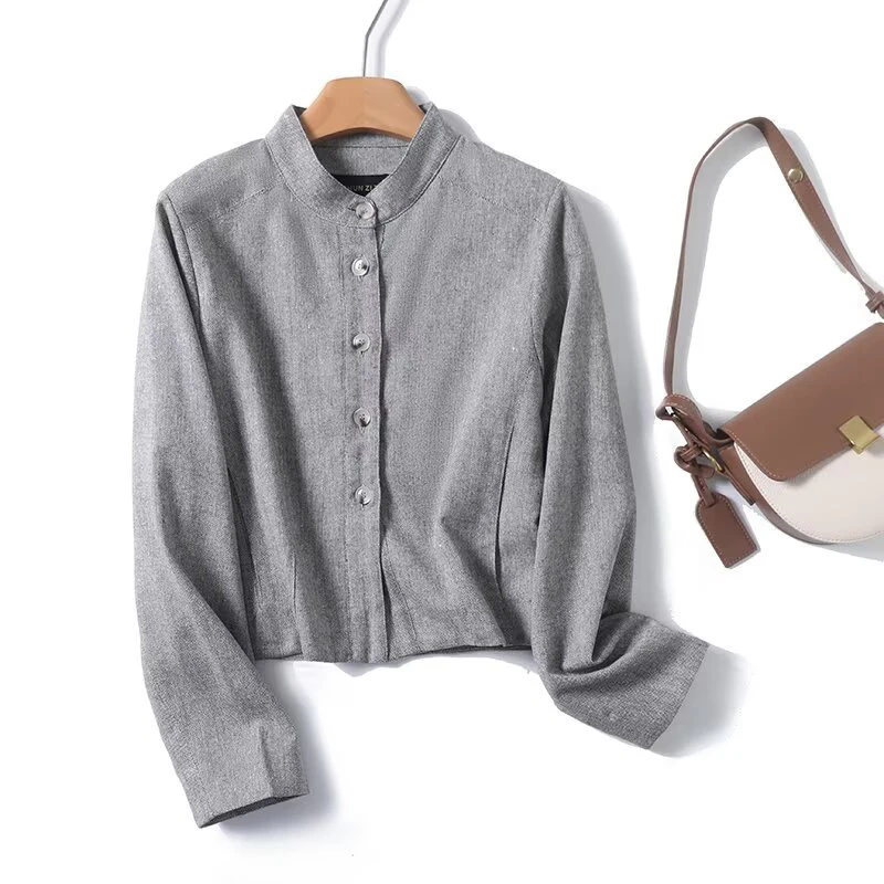 

YENKYE 2025 Women Stand Collar Gray Short Jacket Front Button Long Sleeve Casual Autumn Outerwear Chic Lady Outfits
