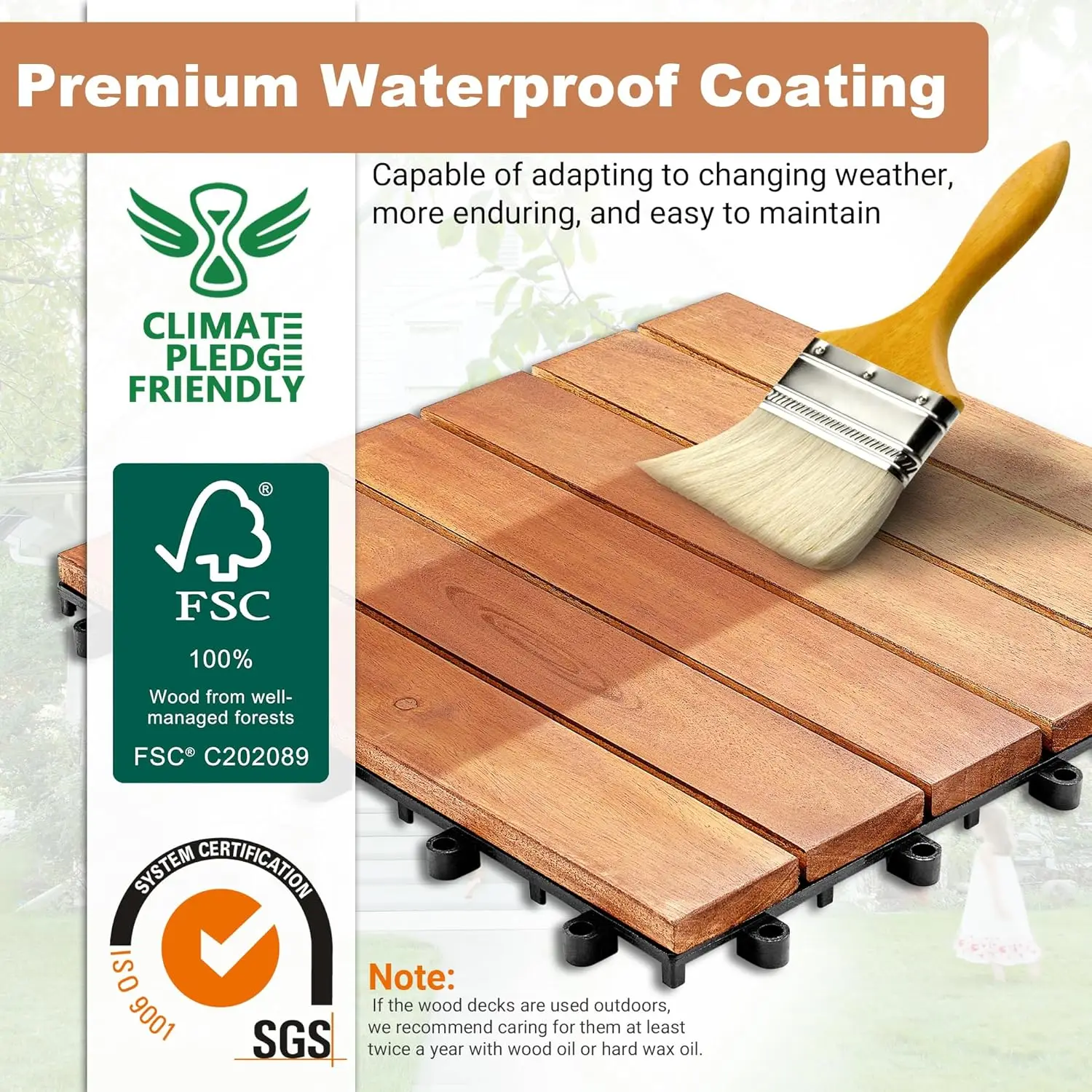 27 PCS FSC Certified Acacia Wood Interlocking Deck Tiles - 12" x 12" Waterproof Indoor Outdoor Patio Flooring Decking