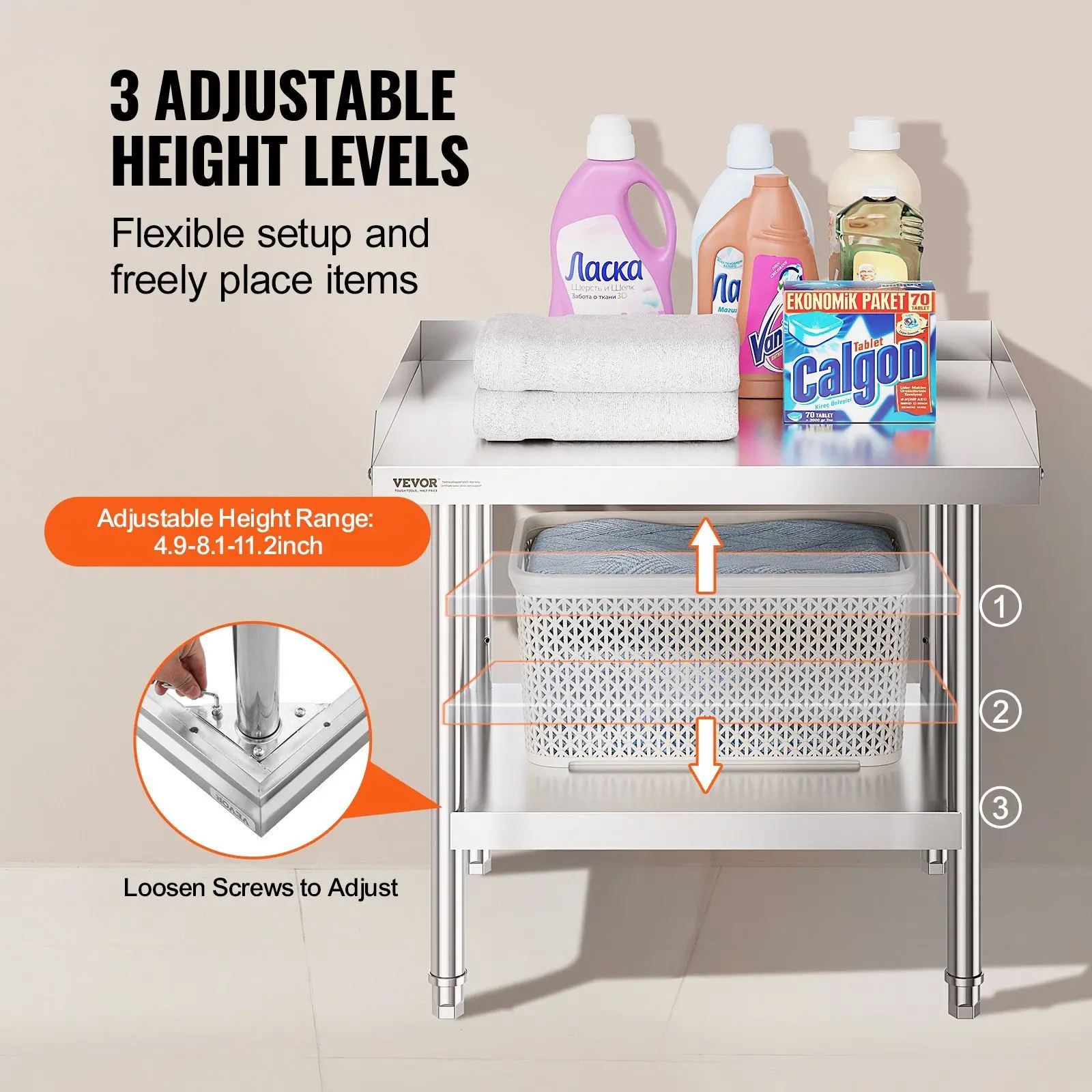 Durable Stainless Steel Work Table 24x28x26in, 3-Sided Backsplash, Screw-Adjustable Shelves, Ideal for Commercial Kitchens