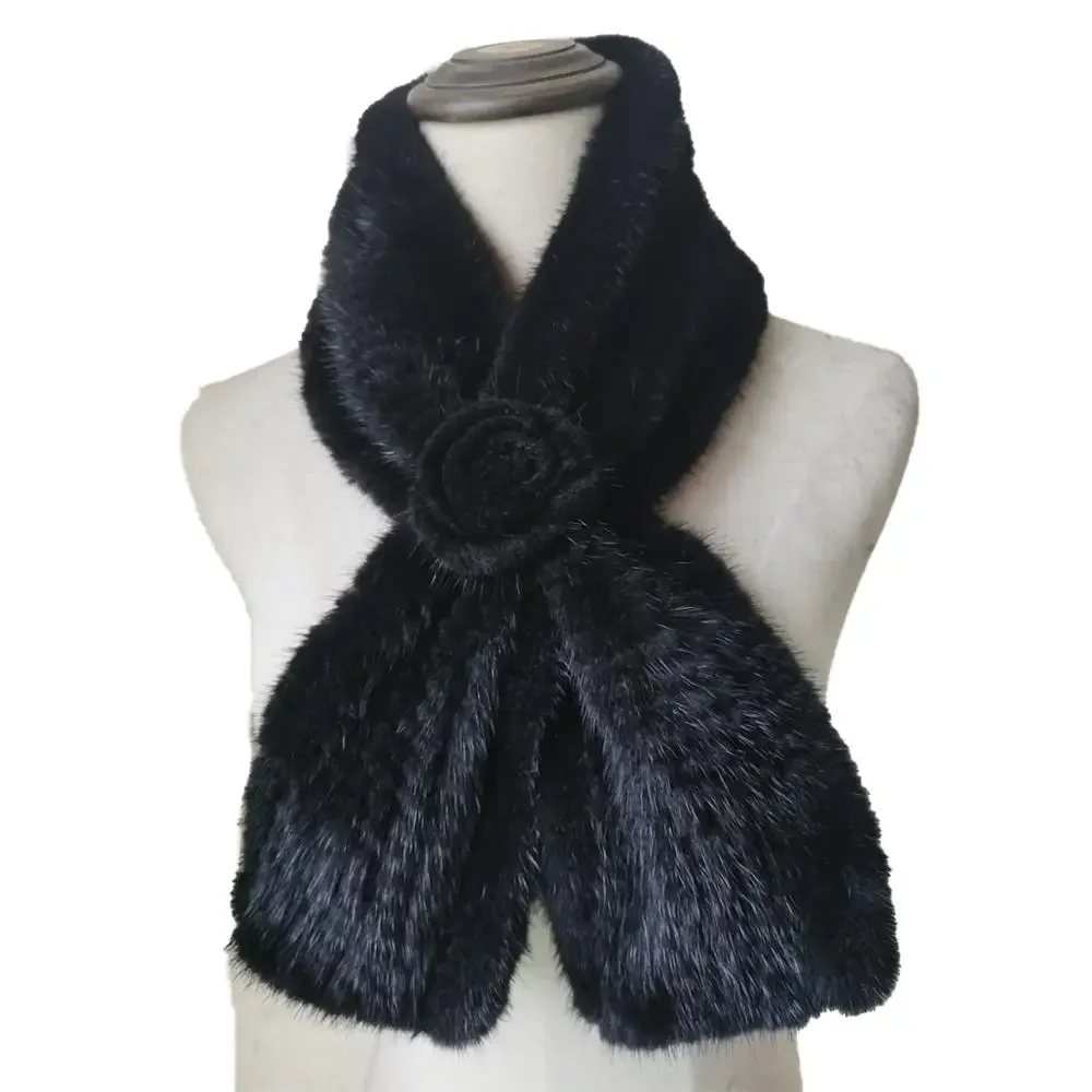 Winter Fur Scarf Women Real Mink Fur Warm Neckerchief With Rose Black Brown