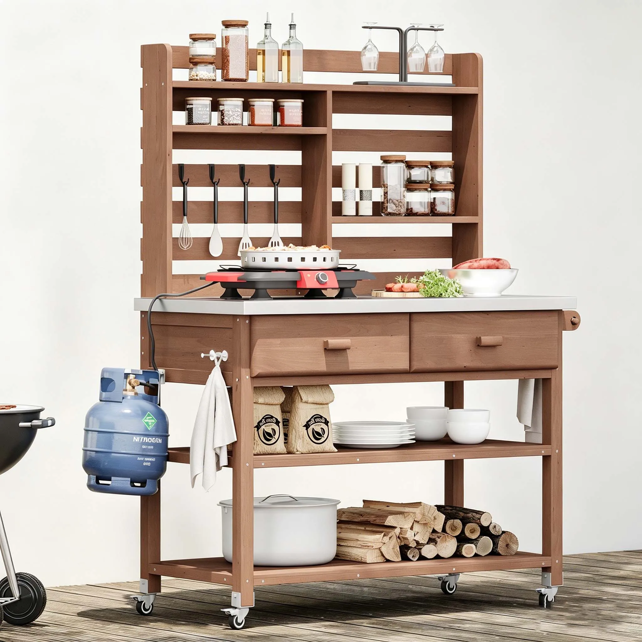 Solid Wood Brown Potting Station with Lockable Wheels, Outdoor Garden Prep Table with Stainless Steel Countertop & Upper Hutch
