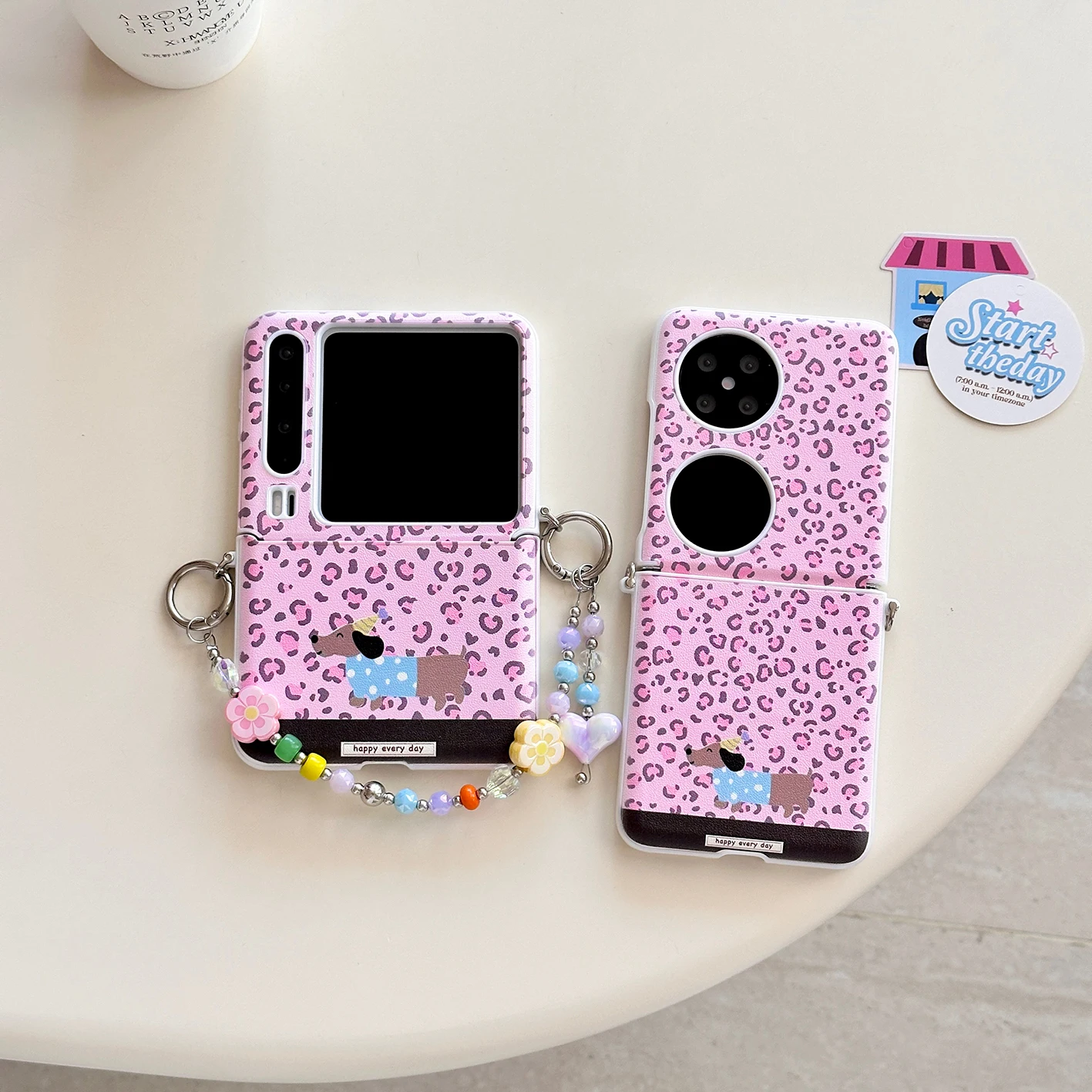 

Back Cover For Huawei Pura X Pocket 2 P50Pocket Case Pink Leopard Dachshund Puppy Bracelet Chain Shockproof Phone Case