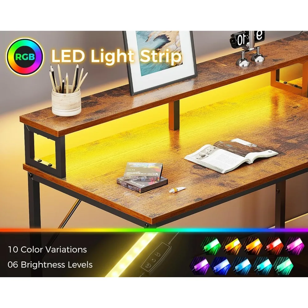 94" Computer Desk with Fabric Drawer & File Cabinet- 2 Person Home Office Desk with Power Outlet & LED Light, Long Writing Desk